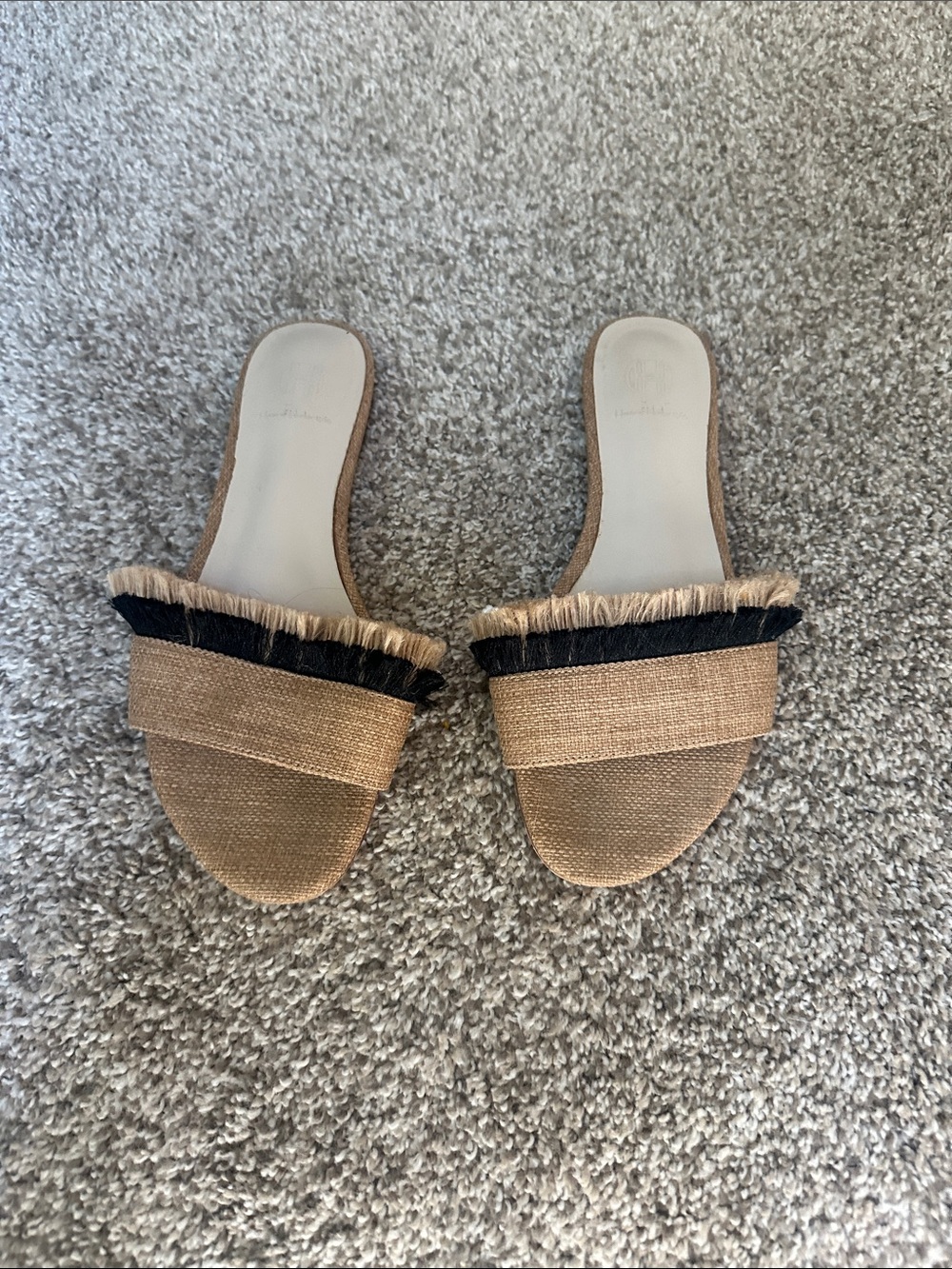 House of Harlow Woven Raffia Slide Sandals in Tan with Black Fringe